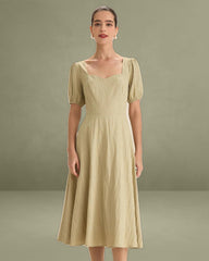 Green Sweetheart Neck Shirred Midi Dress