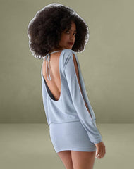 Carola Cut Out Arms Mini Dress in Shimmer Blue