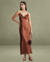 Brown Chiffon V Neck Slip Maxi Dress