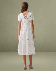 White Fruit Square Neck Midi Dress