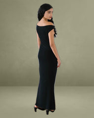 Ardita Asymmetrical Rib Knit Maxi Dress in Black