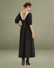 Black Contrasting Puffed Sleeve Maxi Dress
