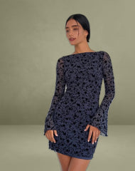 Sevila Long Sleeve Mini Dress in Flocked Petal Navy
