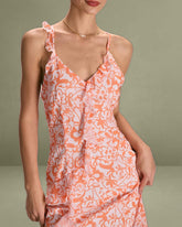 The Orange V Neck Floral Ruffle Maxi Dress