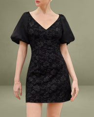 Black V Neck Shirred A-Line Mini Dress