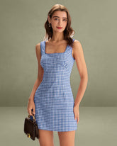 Blue Plaid Square Neck Slip Mini Dress