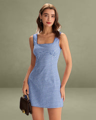 Blue Plaid Square Neck Slip Mini Dress