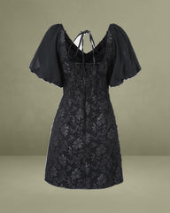 Black V Neck Shirred A-Line Mini Dress