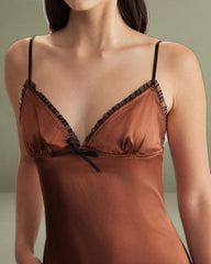 Brown Chiffon V Neck Slip Maxi Dress