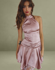 Hydri Satin Halterneck Mini Dress in Baby Pink