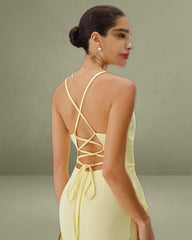 Yellow Ruffle Backless Slit Slip Maxi Dress