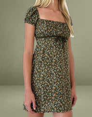 Savio Mini Dress in Grunge Floral Khaki