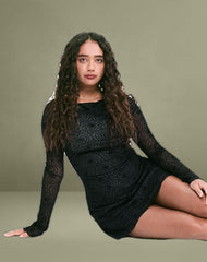 Sevila Long Sleeve Mini Dress in Mesh Black Abstract Flower Flock