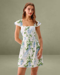 White Floral Square Neck Mini Dress