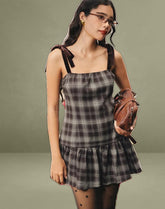 Miyori Square Neck Mini Dress in Grey Check