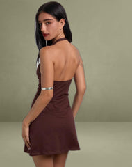 Hepzhi Mini Dress in Bitter Chocolate with Floral Embroidery