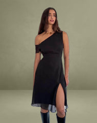 Carissa One Shoulder Chiffon Midi Dress in Black