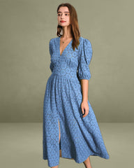 The Blue Puff Sleeve Cutout Slit Maxi Dress