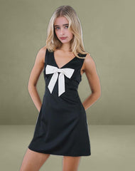 Faradiba Mini Dress in Satin Black with Ivory Bow