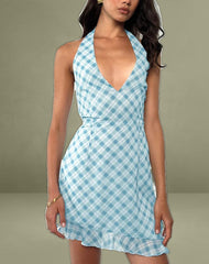 Alira Halterneck Dress in Blurred Check Blue