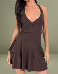 Semary Halterneck Wrap Mini Dress in Bitter Chocolate