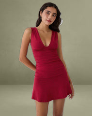 Luscian Plunge Mini Dress in Red with Black Micro Polka Print