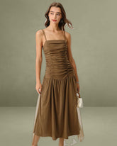 Brown Ruched Mesh Slip Maxi Dress