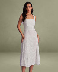 White Square Neck Striped Mid-length Dress
