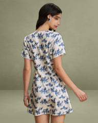 Blue Floral V-Neck Button A-Line Mini Dress