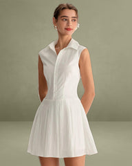 White Button A-Line Sleeveless Mini Dress