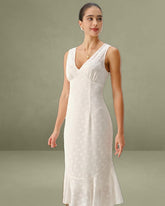 Beige Polka Dot V-Neck Midi Dress