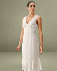 Beige Polka Dot V-Neck Midi Dress