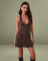 Codami Halterneck Mini Dress in Sequin Knit Dark Brown