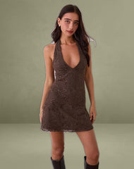Codami Halterneck Mini Dress in Sequin Knit Dark Brown