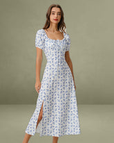 Blue Floral Square Neck Ruched Midi Dress