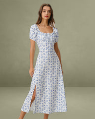 Blue Floral Square Neck Ruched Midi Dress