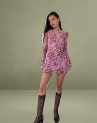 Sevila Long Sleeve Mini Dress in Botanic Mauve