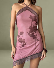 Clooney Fringe Mini Dress in Tonal Flower Mauve