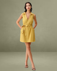 Yellow Tie Waist Sleeveless Mini Dress