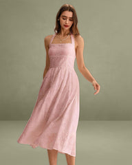 Pink Embroidery Halter Midi Dress