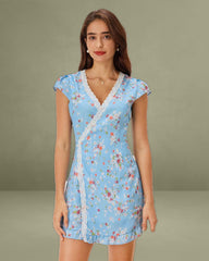 Blue Floral A-Line Wrap Mini Dress