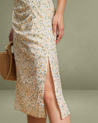 Yellow Floral Ruched Slip Midi Dress