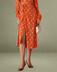 Orange Floral Wrap Midi Dress