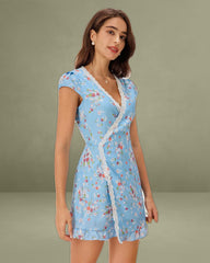 Blue Floral A-Line Wrap Mini Dress