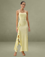 Yellow Ruffle Backless Slit Slip Maxi Dress