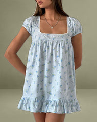 Trim Mini Dress in Blue Flower Gingham