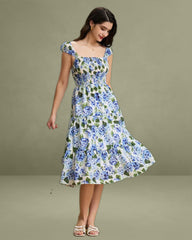 Blue Floral Square Neck Shirred Midi Dress