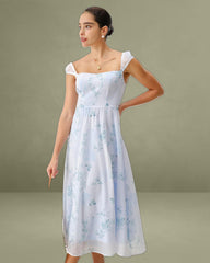 Blue Floral Sweetheart Neck Slip Midi Dress