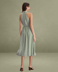 The Green Lapel Plaid Sleeveless Shirt Midi Dress