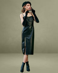 The Side Slit PU Leather Sling Midi dress